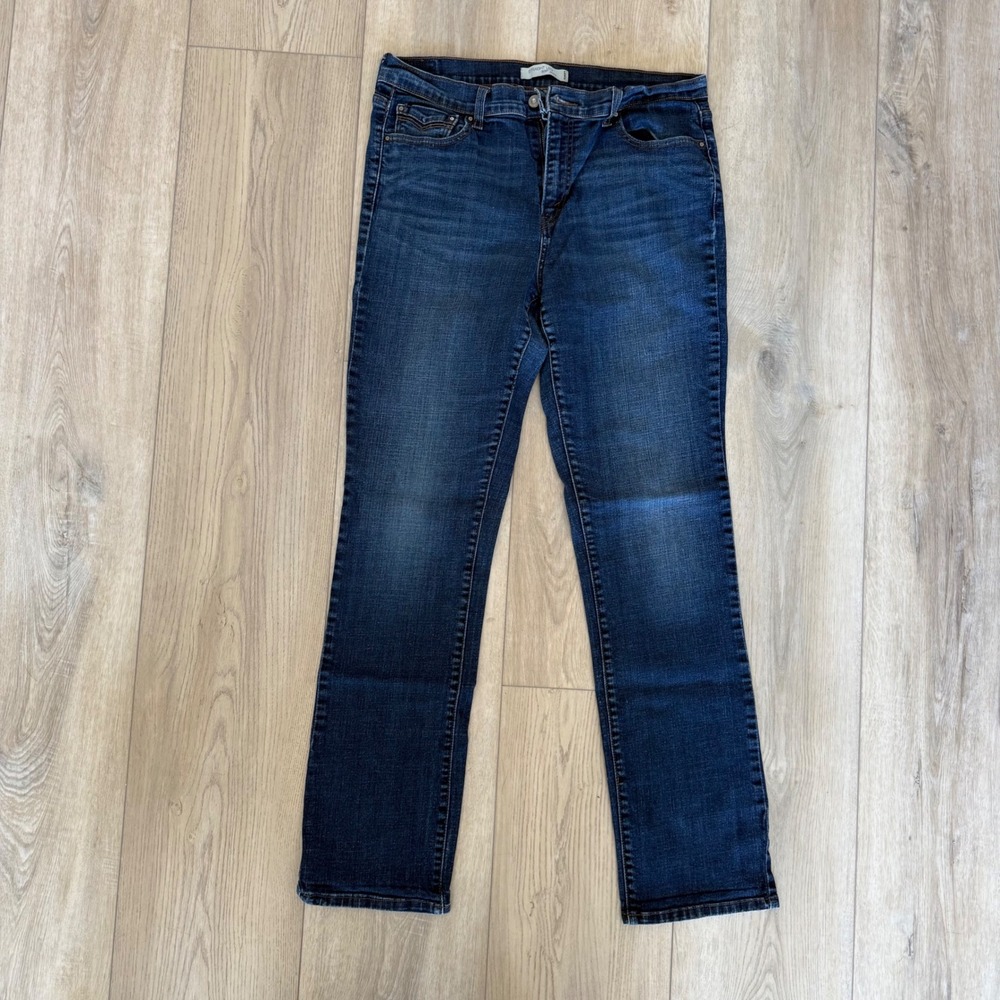 Levis 505 Straight Leg Jeans Dark Wash Blue Denim Flap Pocket Pants WM's 14L EUC - Picture 2 of 9